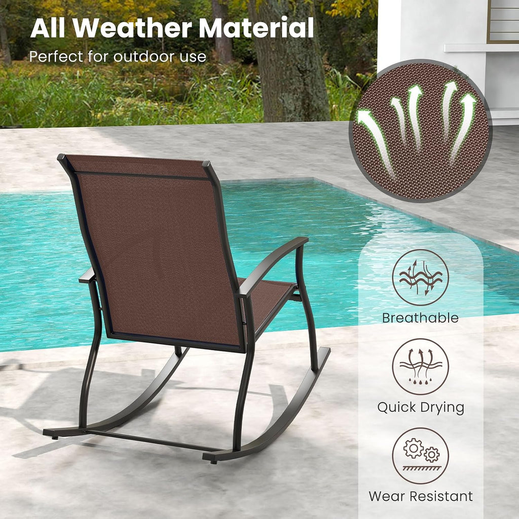 Tangkula Patio Rocking Chairs Set of 2, Outdoor Rocking Chair with Smooth & Safe Rocking Motion, Ergonomic Backrest, Breathable Fabric, All-Weather Outdoor Rocker for Backyard, Poolside (1, Brown)