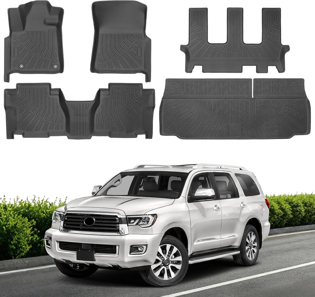 Floor Mats & Cargo Liner for Toyota Sequoia 2012-2022, All Weather TPE Floor Liners Custom Fit Sequoia Heavy Duty Car Mats 1st & 2nd & 3rd Row & Trunk Mat Accessories Odorless Anti Slip Black