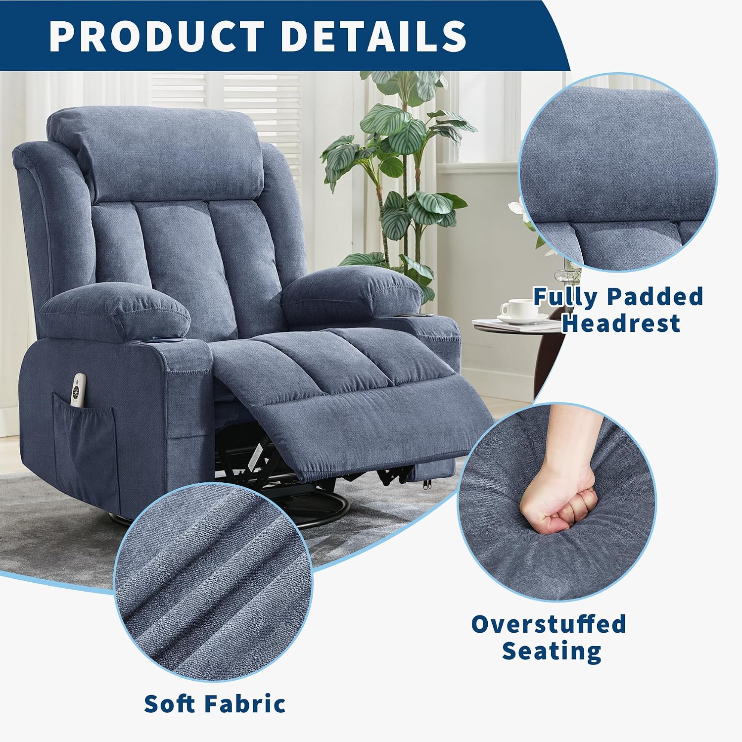GarveeHome Rocker Swivel Recliner Chair with Heat Massage Large Wide Rocking Lazy Boy Single Sofa Seat with 3 Positions 2 Side Pockets Cup Holders USB Ports Remote Control (Blue)
