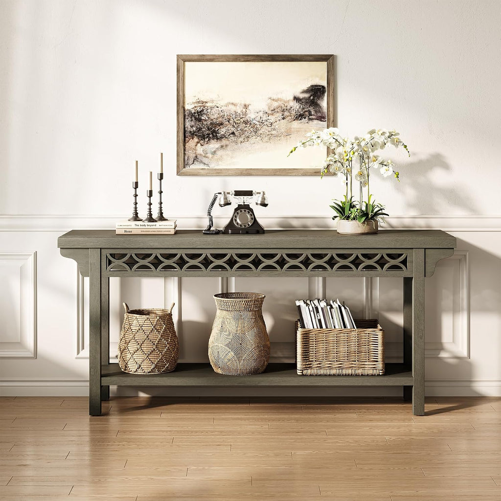LITTLE TREE 70.87-Inch Long Console, Solid Wood Farmhouse Narrow Entryway Table with Shelf, Rustic Sofa Table for Living Room, Hallway, Dark Grey