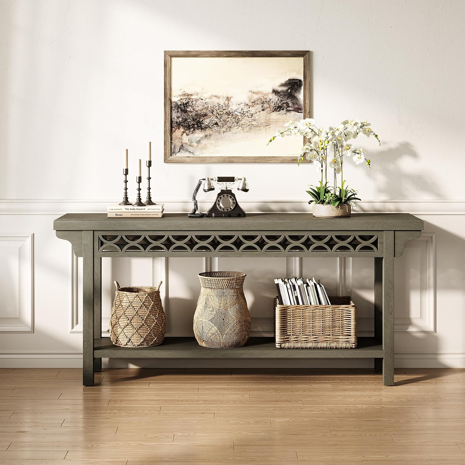 LITTLE TREE 70.87-Inch Long Console, Solid Wood Farmhouse Narrow Entryway Table with Shelf, Rustic Sofa Table for Living Room, Hallway, Dark Grey