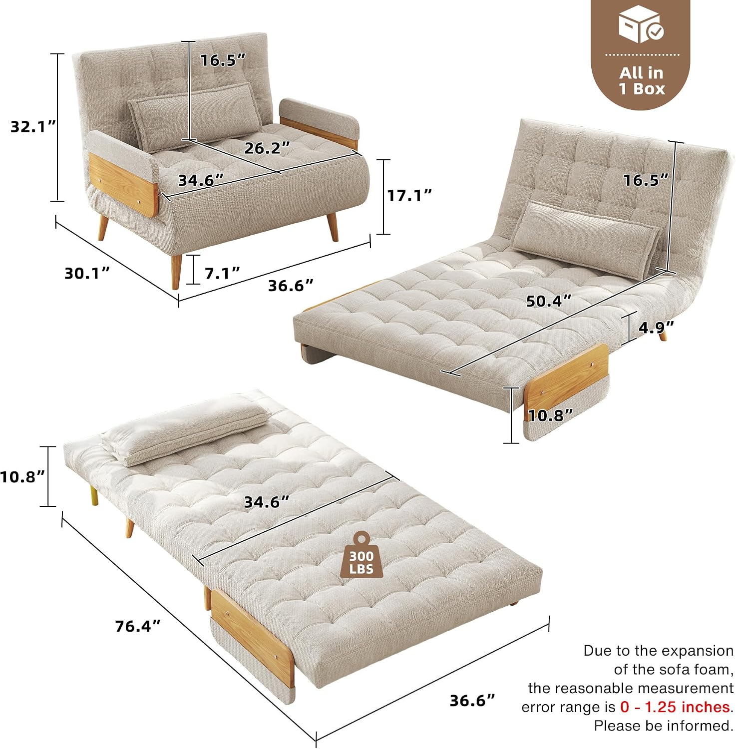 JASIWAY Convertible Sleeper Chair Bed for Adults, 3 in 1 Linen Convertable Futon Chair with Pillow, Fold Out Single Sleeper Couch Guest Bed for Small Spaces, Bedroom, Office, Mid-Century, 36.6'
