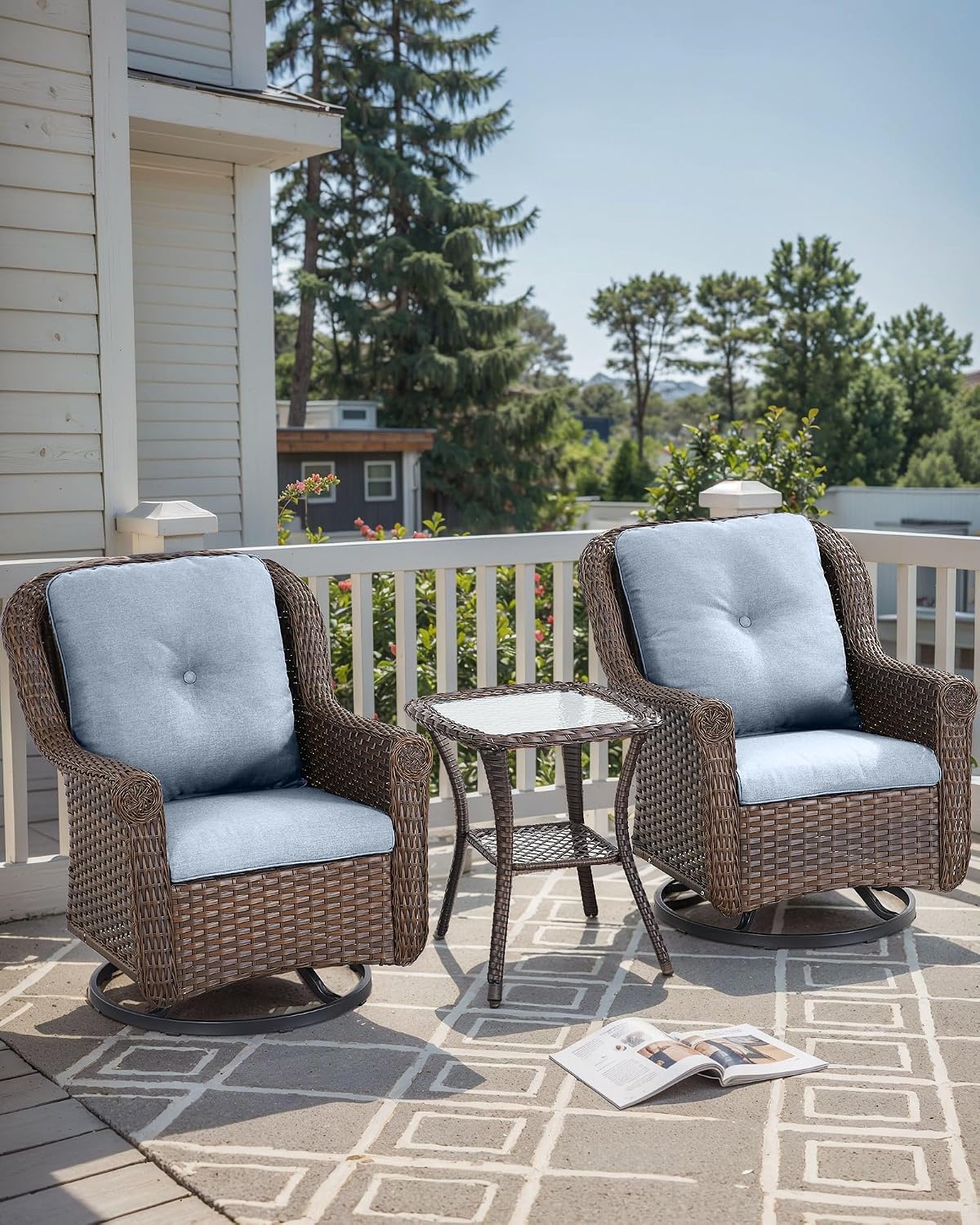 3 Piece Patio Swivel Chairs and Side Table Set - High Back Outdoor Brown Wicker Rattan Rocking Glider with Thick Cushions for Porch Apartment Deck Yard Poolside Garden - Baby Blue