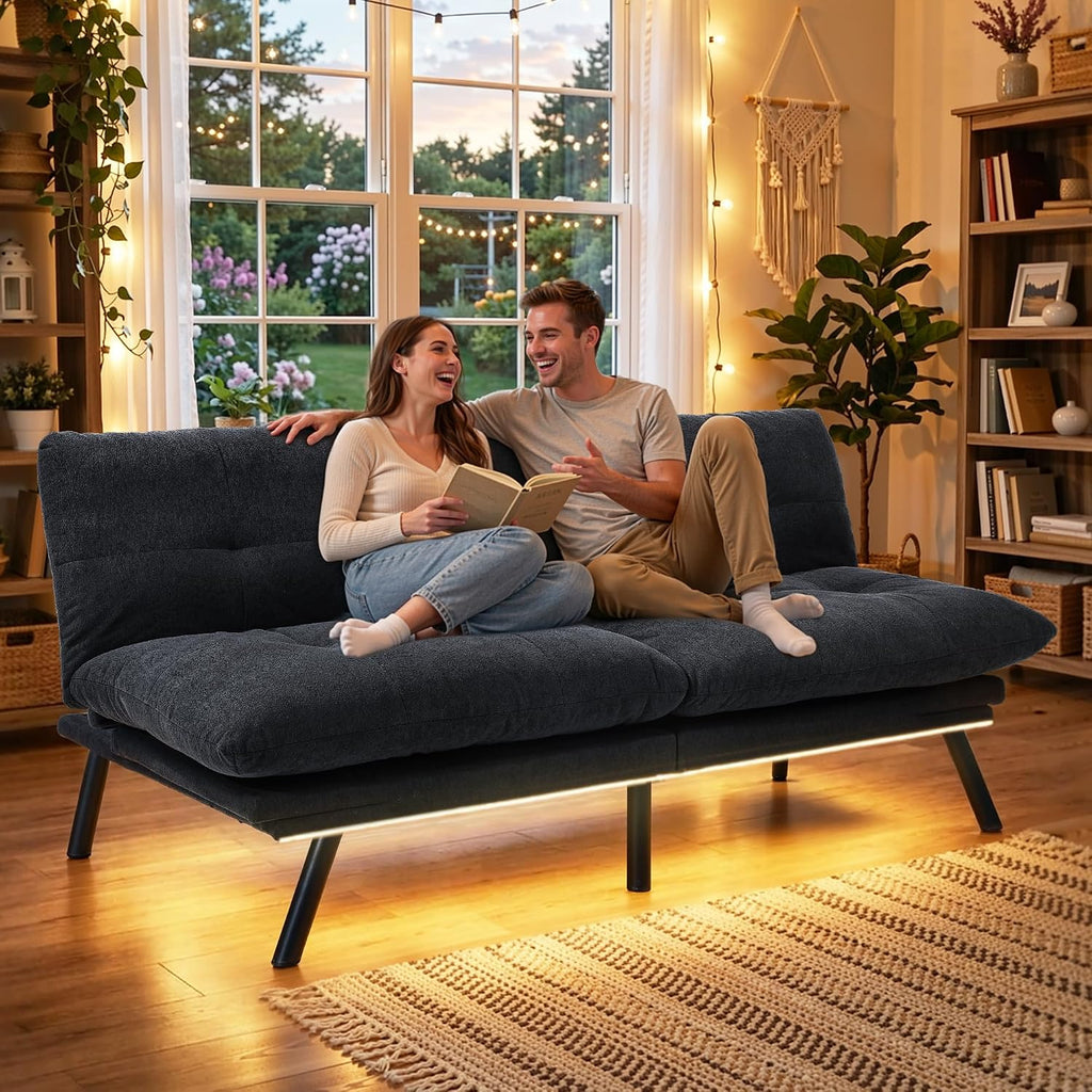 YITAHOME Convertible Futon Sofa Bed with Adjustable 3 Color Light Strip, 70' Folding Futon Set for Living Room Home Office Aprtment, Modern Futon Couch with Adjustable Backrest & Armrests, Black