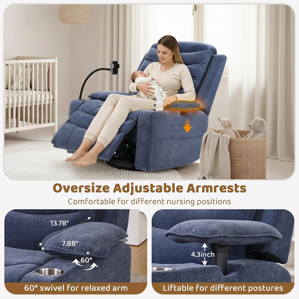 Olela Power Glider Recliner Nursery Chair, Swivel Rocking Chair with Electric Lumbar Support, USB Charging, Smart Cup Holder, Light, Adjustable Armrest, Wireless Phone Charger Holder, Chenille
