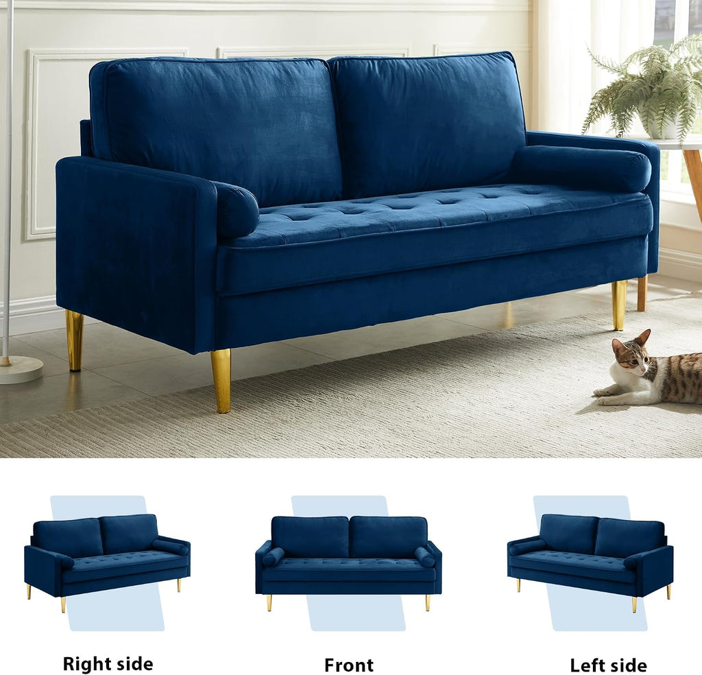 67' Modern Velvet Loveseat Sofa Couch, Mid-Century Tufted Upholstered Small Love Seat Couch with 2 Pillows & 4 Golden Legs, 2-Seats Couches for Compact Space, Living Room, Apartment (Navy)
