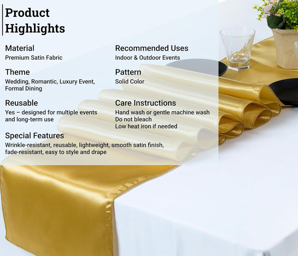 MDS 50 PCS Satin Table Runners 12 x 108 Inch Charmeuse Sateen Silk Table Runner for Indoor Outdoor Wedding Reception Birthday Graduation Party Event Banquet Dining Table Decoration - Gold