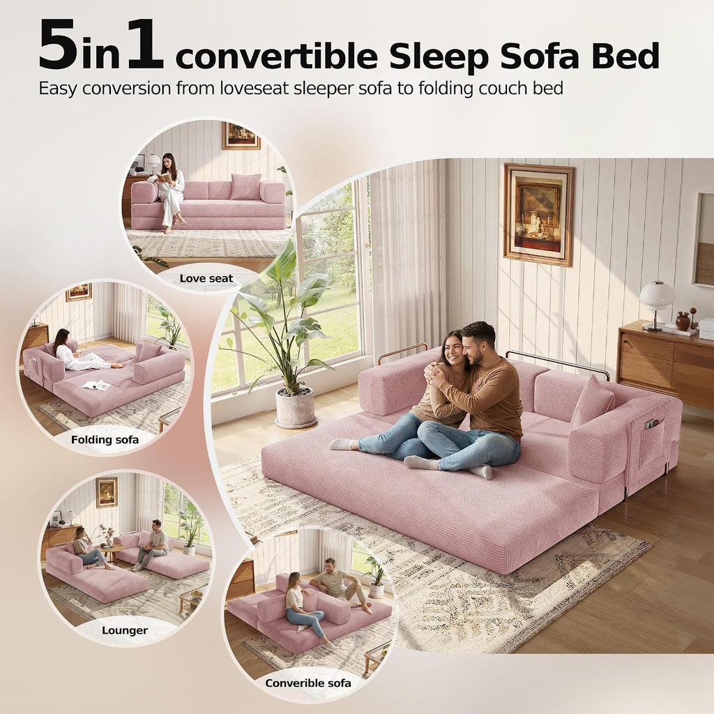 MoonSpeak 78.8''Sleeper Couch Bed for Livingroom,Convertible Modular Sofa with Armrest Pillow,Modular Foldable Corduroy Couches in a Box,No Assembly (Pink)