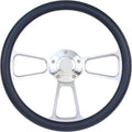 Boat Steering Wheel 14 Inch Aluminum With Navy Blue Vinyl Half Wrap, Horn Button, and Installation Adapter