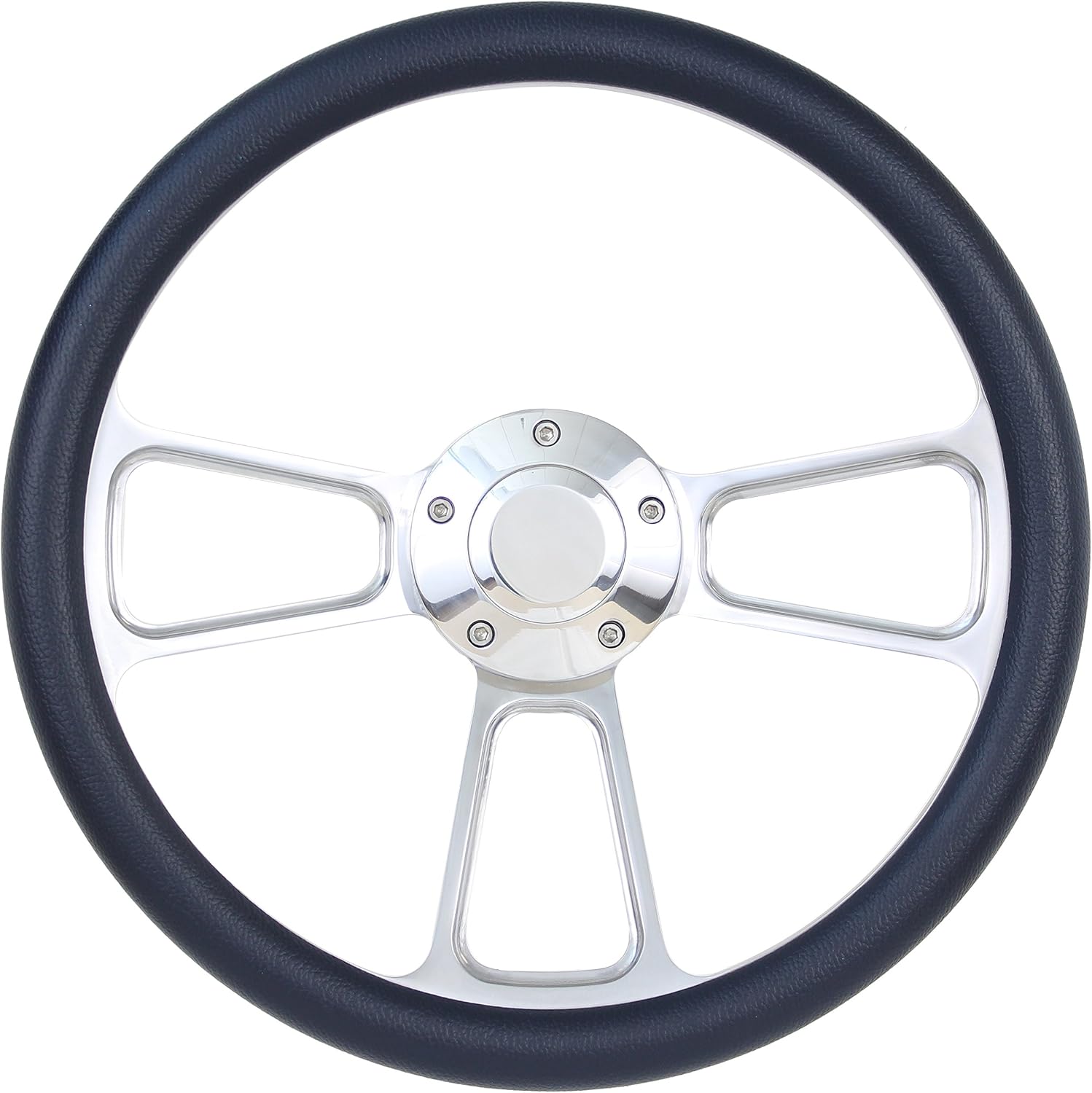 Boat Steering Wheel 14 Inch Aluminum With Navy Blue Vinyl Half Wrap, Horn Button, and Installation Adapter