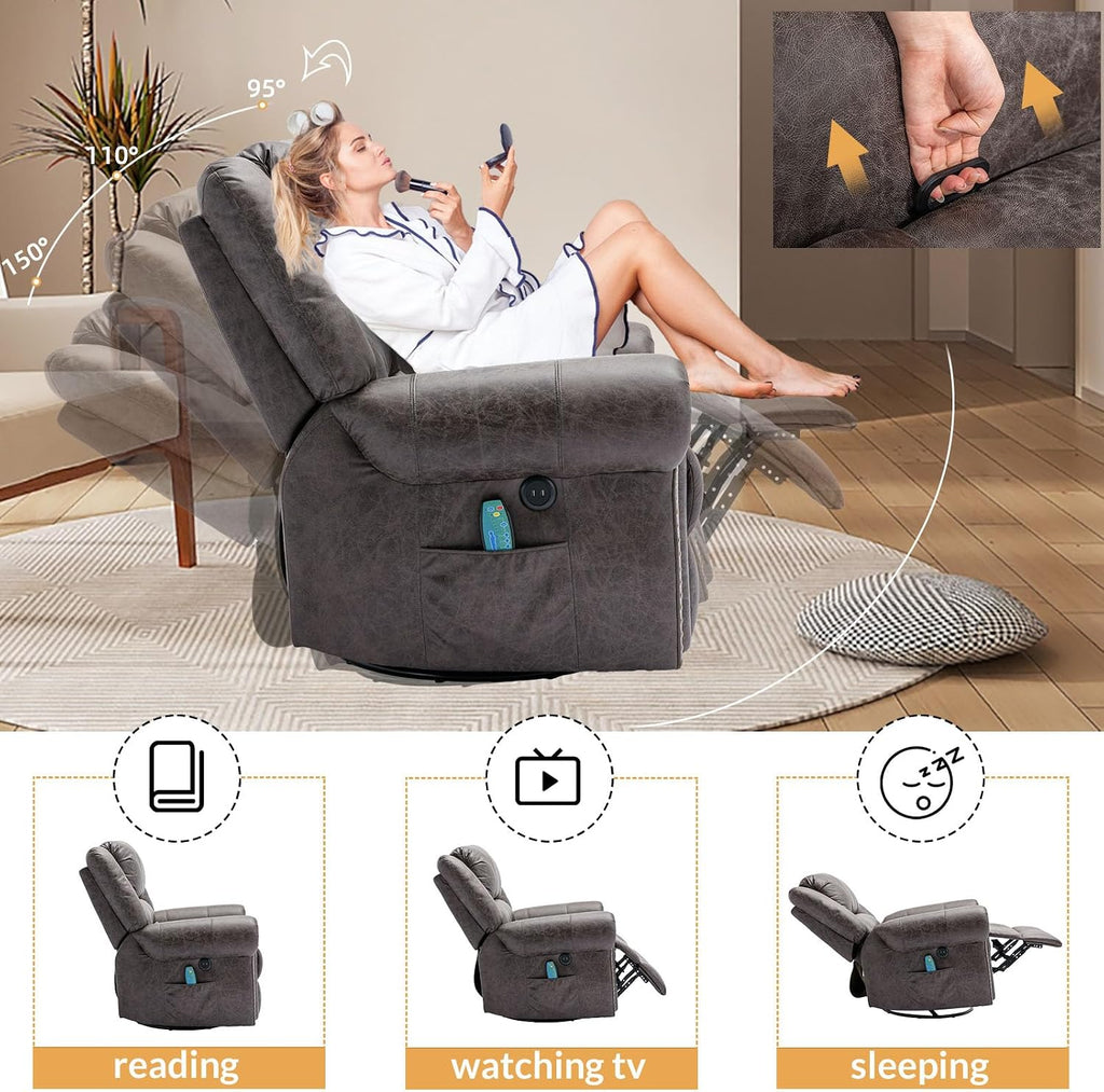 Manual Massage Recliner with Heating Function, 360° Swivel Glider Rocking Recliner Chair for Living Room, Ergonomic Single Sofa Chair with Remote Control/USB Ports/Side Pockets(Grey)
