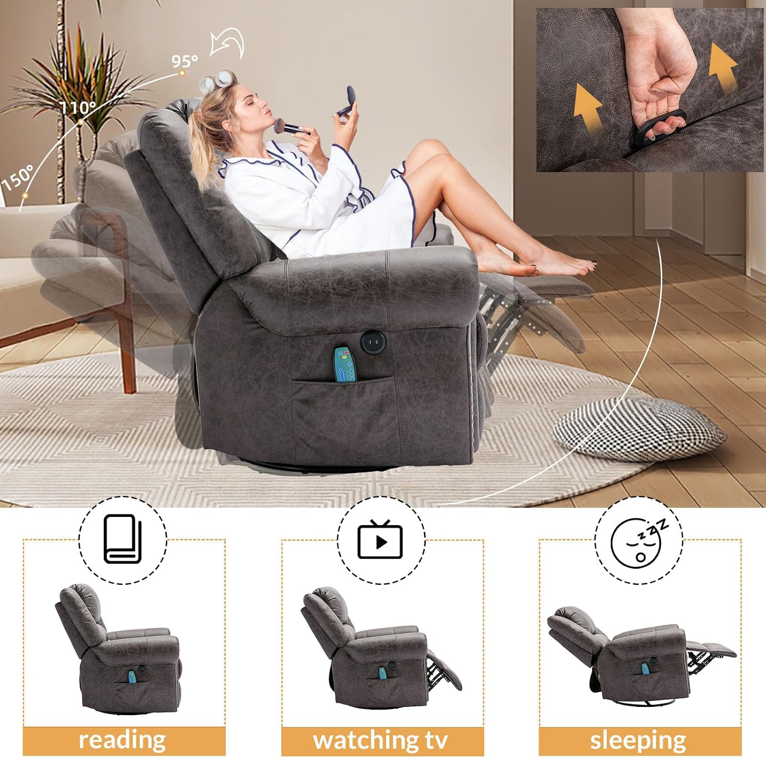 Manual Massage Recliner with Heating Function, 360° Swivel Glider Rocking Recliner Chair for Living Room, Ergonomic Single Sofa Chair with Remote Control/USB Ports/Side Pockets(Grey)