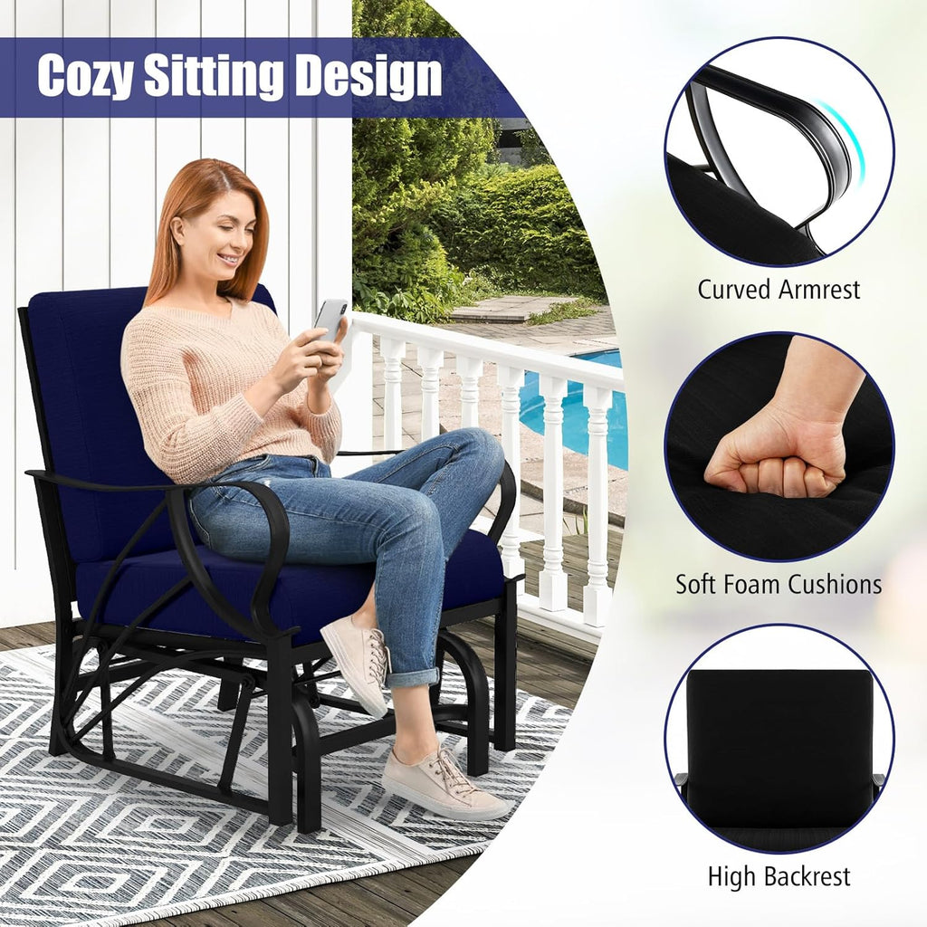 Giantex Outdoor Glider, Patio Rocking Chair with Thick Cushion, Sturdy Metal Frame, Curved Armrest, Ergonomic Design, Single-Person Glider Chair for Garden, Yard, Porch Rocker, Navy