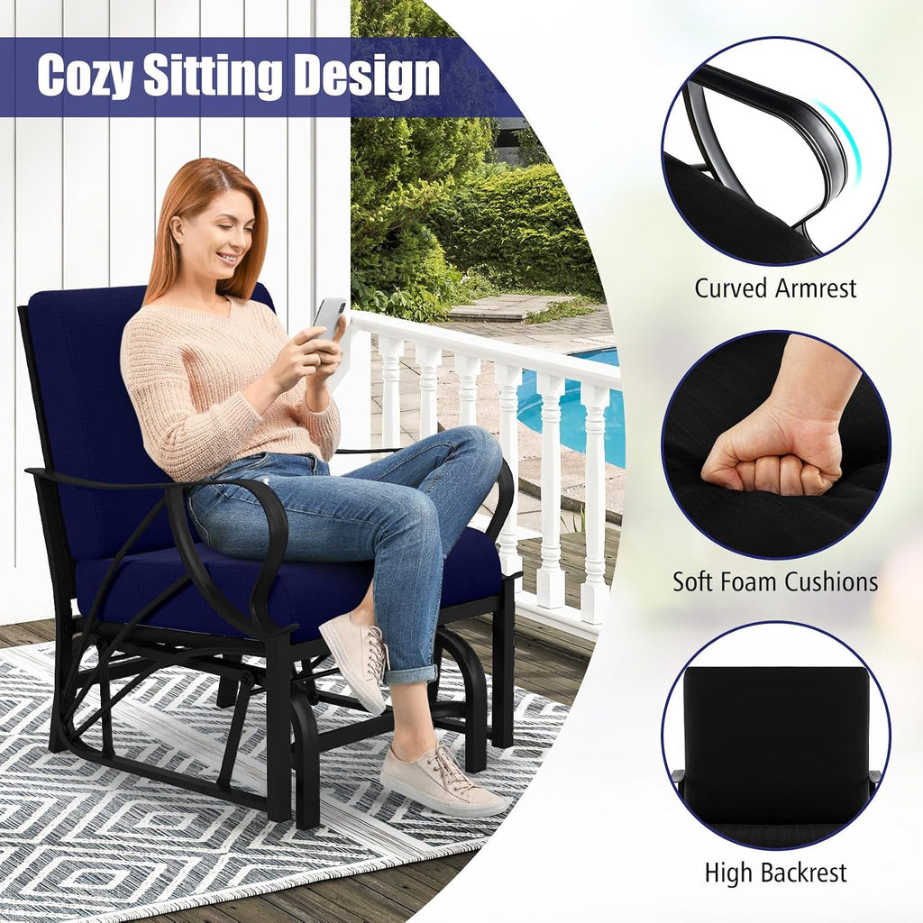 Giantex 2-Pack Outdoor Glider, Patio Rocking Chair with Thick Cushion, Sturdy Metal Frame, Curved Armrest, Ergonomic Design, Single-Person Glider Chair for Garden, Yard, Porch Rocker, Navy