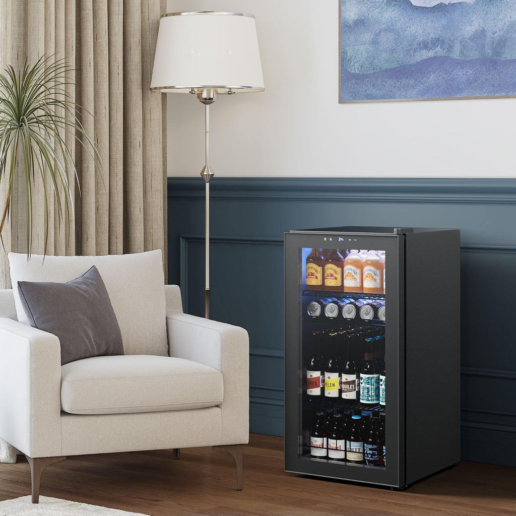 Yeego Beverage Refrigerator Cooler, 105-Can Mini Fridge with Glass Door, Adjustable Shelves, Digital Temperature Control for Soda, Beer, and Wine, Ideal for Home or Office