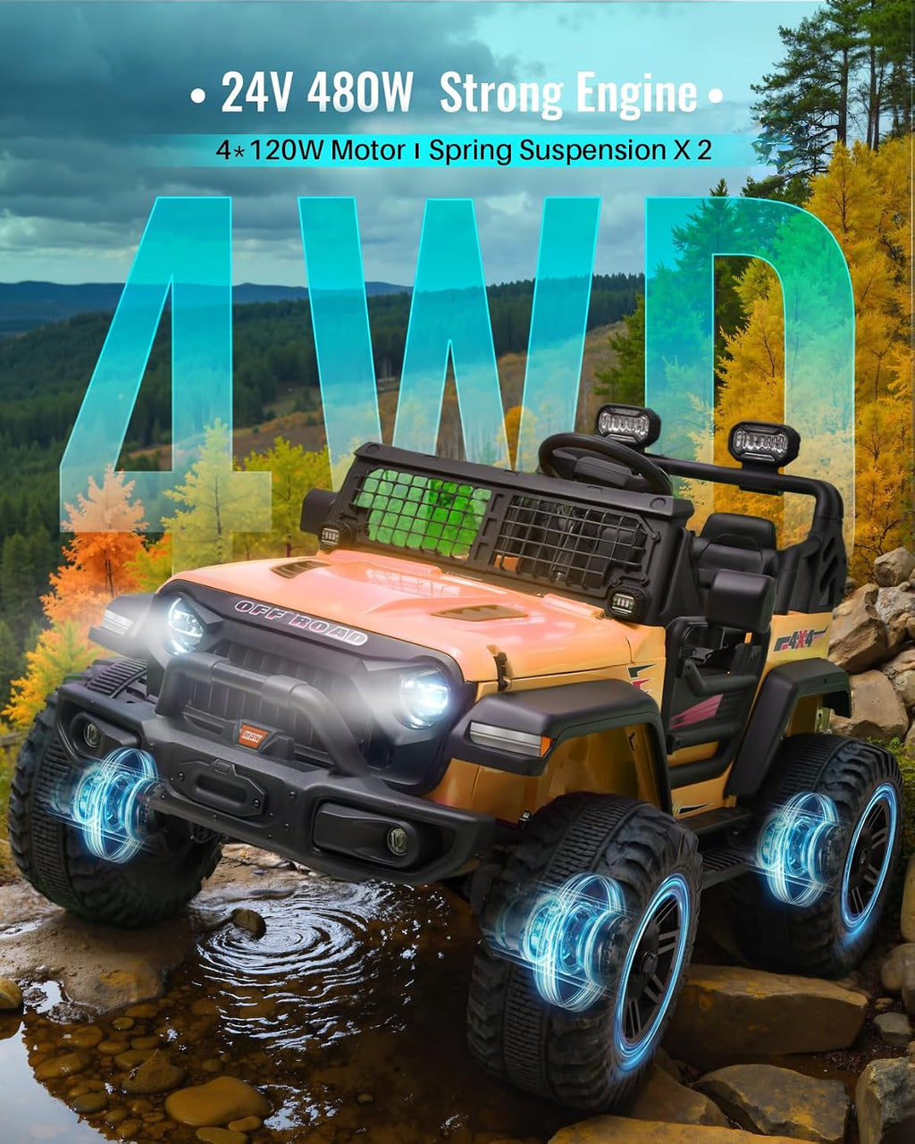 Blitzshark 24V MAX Ride-on Truck 2 Seater 4WD Kids Electric Vehicle 4x4 XXL Battery Powered Car, with 480W Ultra Powerful Motor, 7AH Battery, Remote Control, Full-Metal Suspension& DIY Sticker, Golden