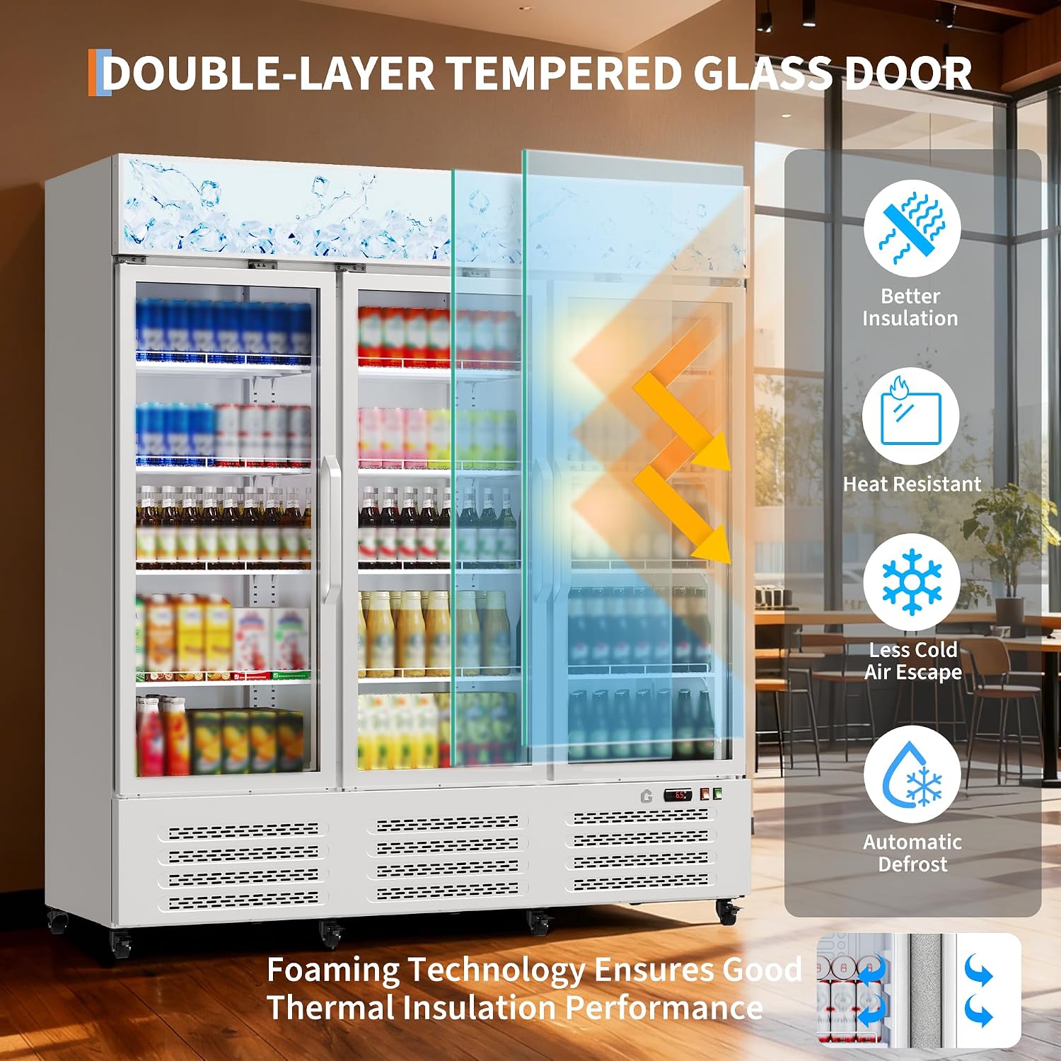 Garvee Commercial Beverage Refrigerator, 38.9 Cu.Ft. 3 Glass Door Display Refrigerator with 360° Circulation Cooling, Frost-Free, Soft LED Light, Adjustable Shelves Beverage Refrigerator Cooler