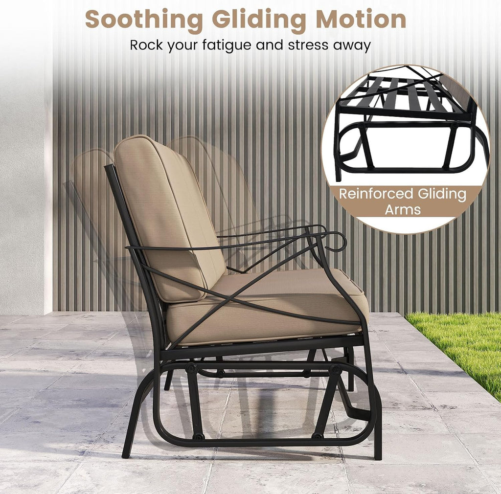 Tangkula Patio Glider Bench, 2-Person Swing Gliding Loveseat with Breathable Fabric Seat & Soft Cushions, 660 LBS Metal Frame Outdoor Rocking Chair for Porch, Poolside, Backyard