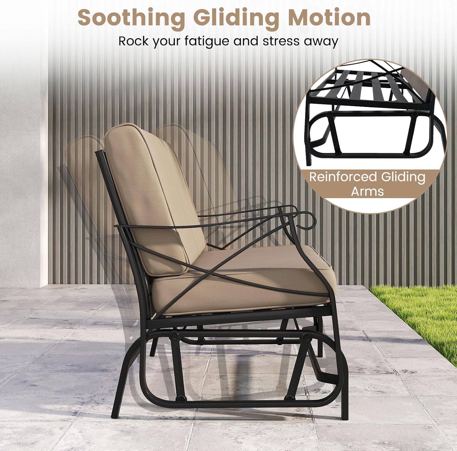 Tangkula Patio Glider Bench, 2-Person Swing Gliding Loveseat with Breathable Fabric Seat & Soft Cushions, 660 LBS Metal Frame Outdoor Rocking Chair for Porch, Poolside, Backyard