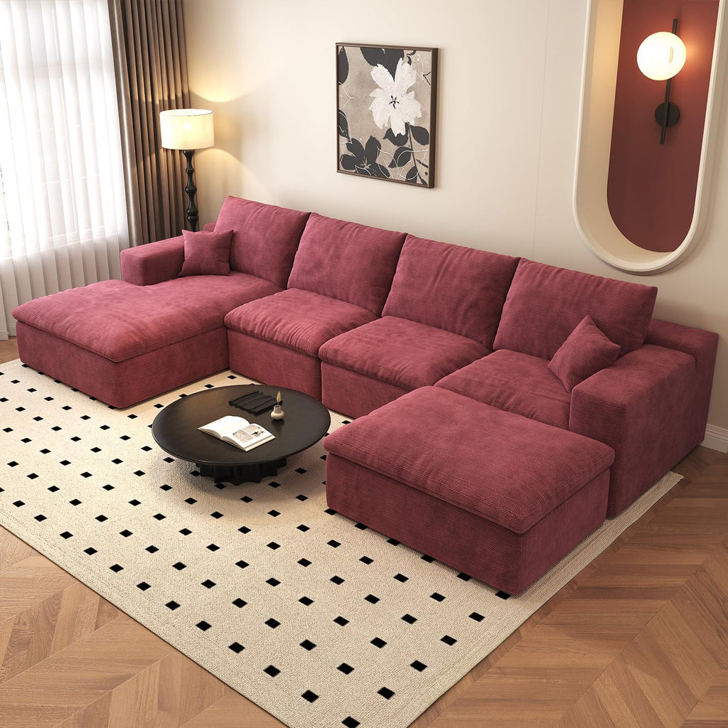 136.6'' U-Shaped Modern Modular Sectional Cloud Couch Whit Ottoman, 4-Seat Chenille Deep-Seat Sofa with Pillow for Living Room, Bedroom, Apartment, Wine Red