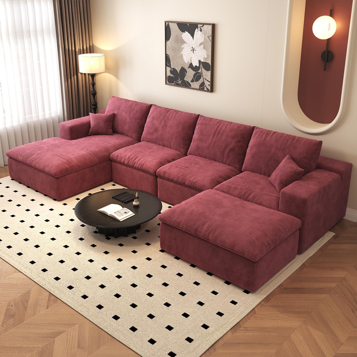 136.6'' U-Shaped Modern Modular Sectional Cloud Couch Whit Ottoman, 4-Seat Chenille Deep-Seat Sofa with Pillow for Living Room, Bedroom, Apartment, Wine Red