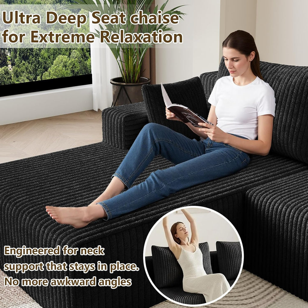 107' Modular Sectional Sofa, Modern Corduroy Cloud Couch with Deep Seat, Boneless Couch Upholstered 3-Seater U-Shaped Sofa for Living Room, No Assembly Required (Black)