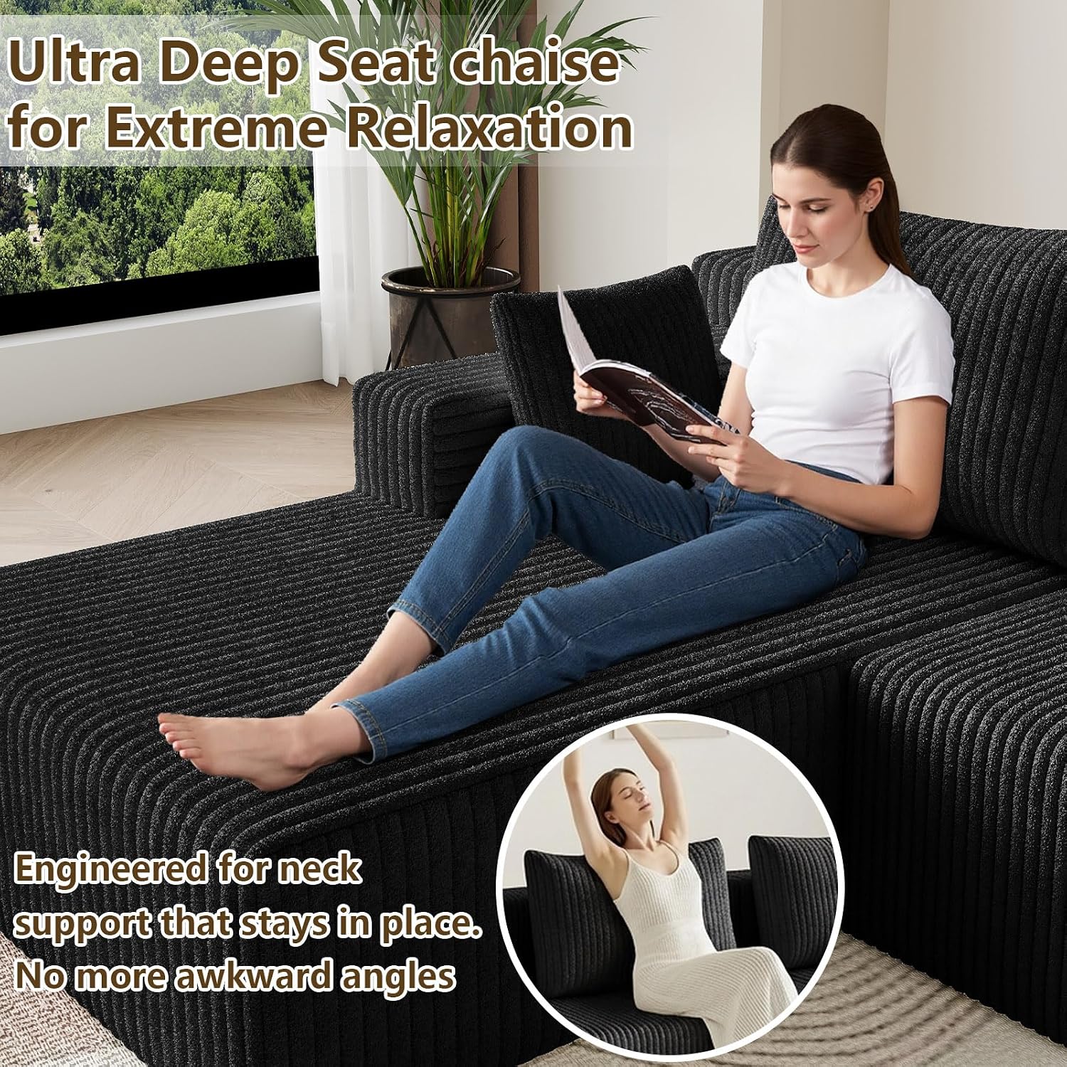 107' Modular Sectional Sofa, Modern Corduroy Cloud Couch with Deep Seat, Boneless Couch Upholstered 3-Seater U-Shaped Sofa for Living Room, No Assembly Required (Black)