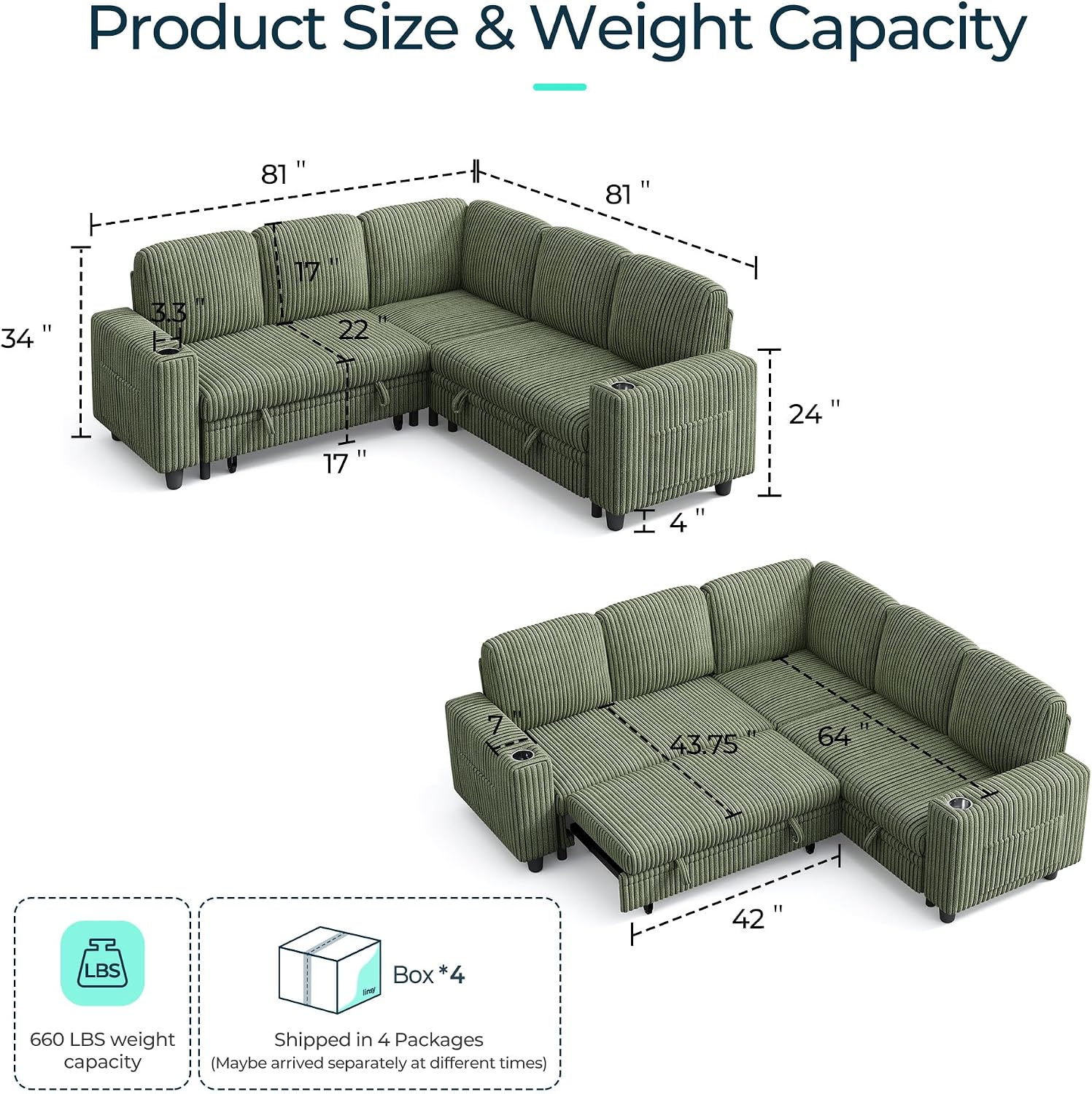 LINSY HOME Sectional Sleeper Sofa with Storage Chaise & USB Charging, Convertible Pull Out Couch Bed Plush Corduroy Modular Sectional Couches for Living Room Apartment (Green)