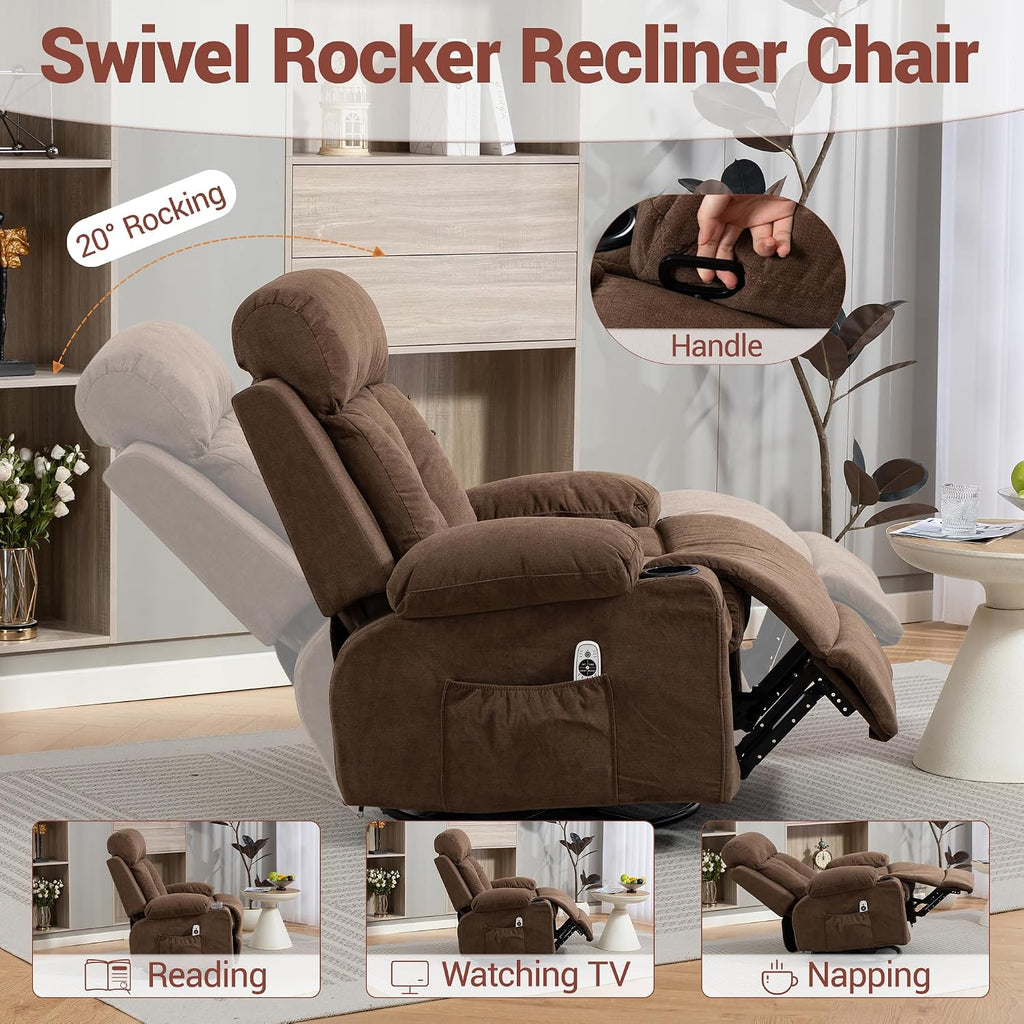 360 Swivel Rocking Chair, Rocker Recliner with Vibration Massage and Heat, Ergonomic Lounge Chair with Rocking Function, Side Pocket, Cup Holders, Soft Breathable Fabric, Brown