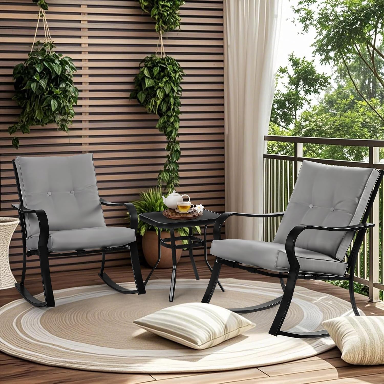 Incbruce 3 Piece Patio Bistro Set Outdoor Rocking Chairs Set, Porch Patio Conversation Chairs Set of 2 with Glass-Top Coffee Table (Grey Thickened Cushion)