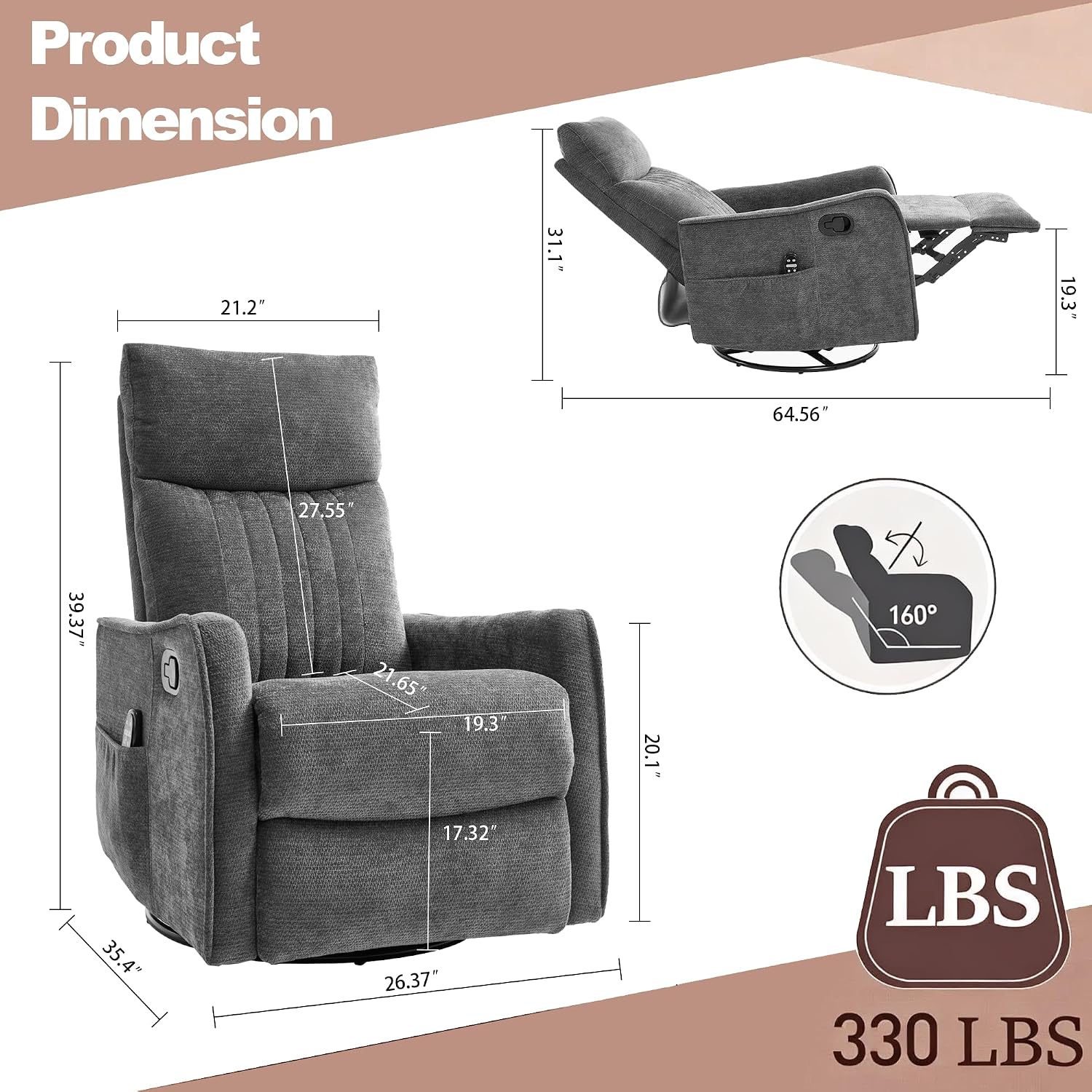 Casaphoria 360° Swivel Rocking Recliner Chair with Heat and Massage Upholstered Fabric Nursery Glider with Side Pocket for Living Room,Bedroom,Home Theater and RV Small Space(Dark Gray)