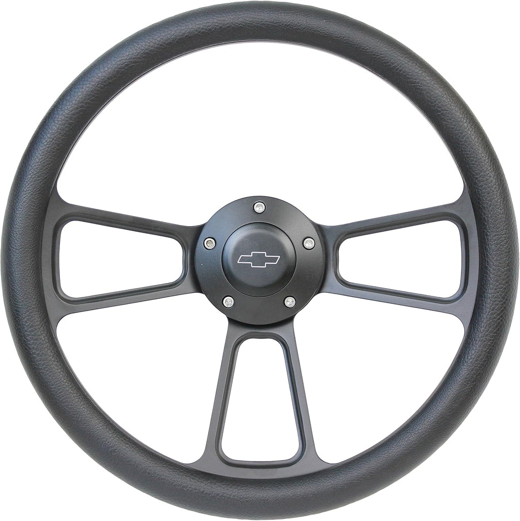 5-bolt Black Steering Wheel 14 Inch Aluminum with Black Vinyl Wrap and Chevy Horn Button