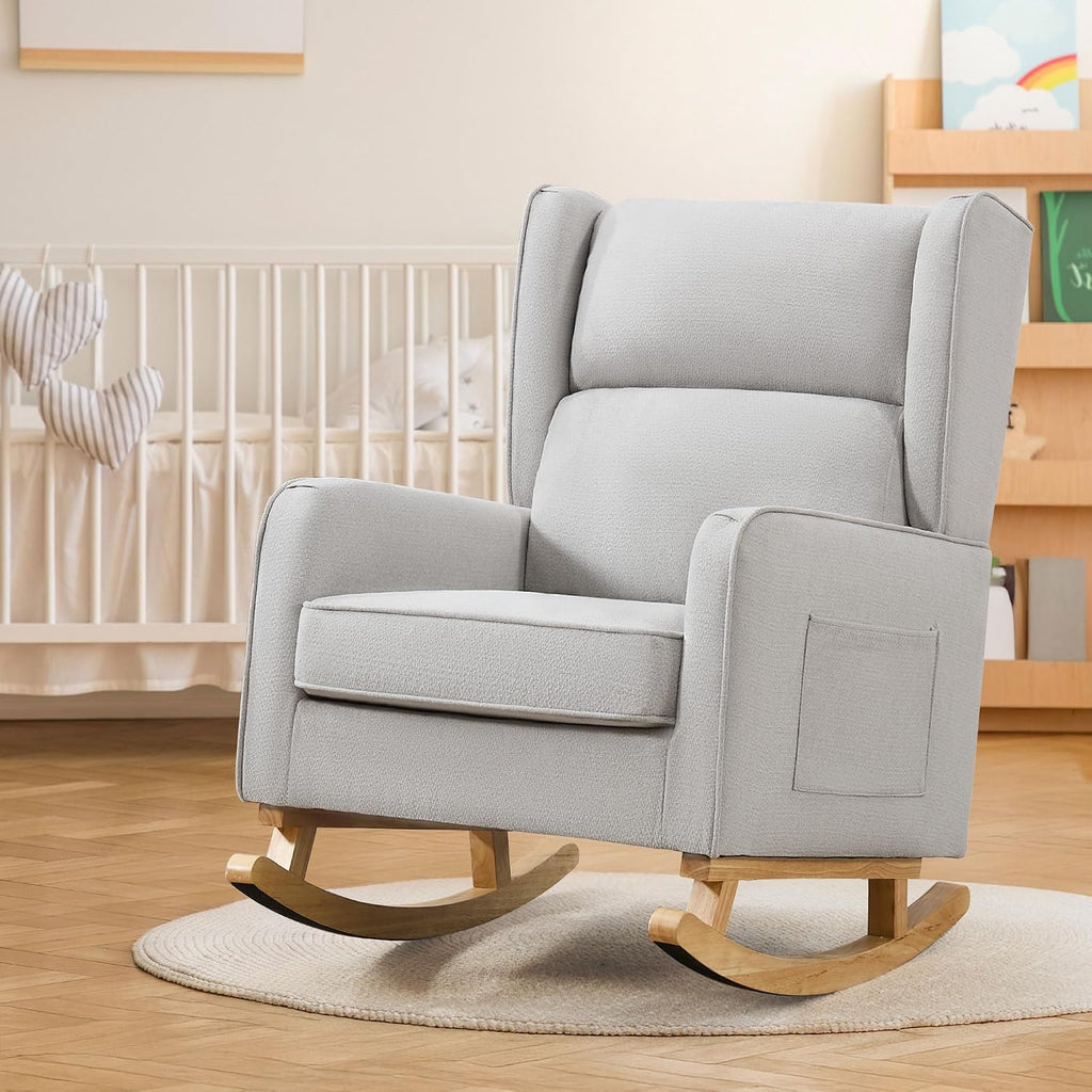 HCHAIRH Nursery Rocking Chairs, Rocking Chair Nursery for Mom Nursery Rocker with High Backrest and Solid Wood Legs, Modern Wingback Accent Chair Set of 2 for Reading Living Room Bedroom, Light Grey