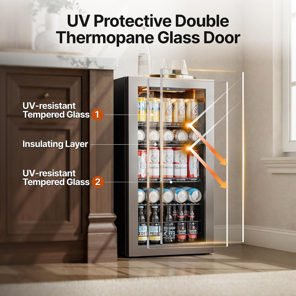 Ca'Lefort 105 Cans Beverage Cooler Mini Fridge, Beverage Refrigerator with Reversible Glass Door, Adjustable Shelves for Soda, Beer & Wine, Digital Temperature Control for Home, Office, Bar or Dorm