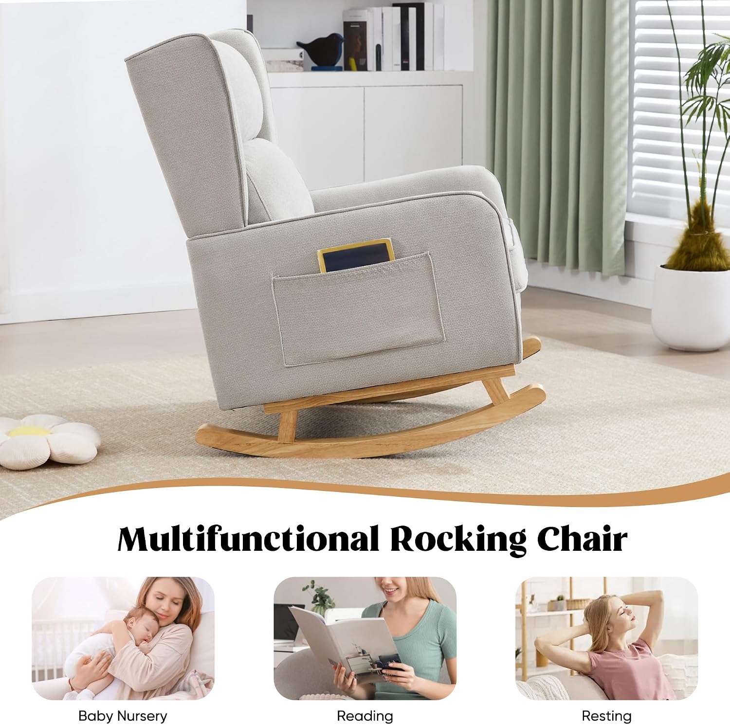 HCHAIRH Nursery Rocking Chairs, Rocking Chair Nursery for Mom Nursery Rocker with High Backrest and Solid Wood Legs, Modern Wingback Accent Chair for Reading Living Room Bedroom, Light Grey