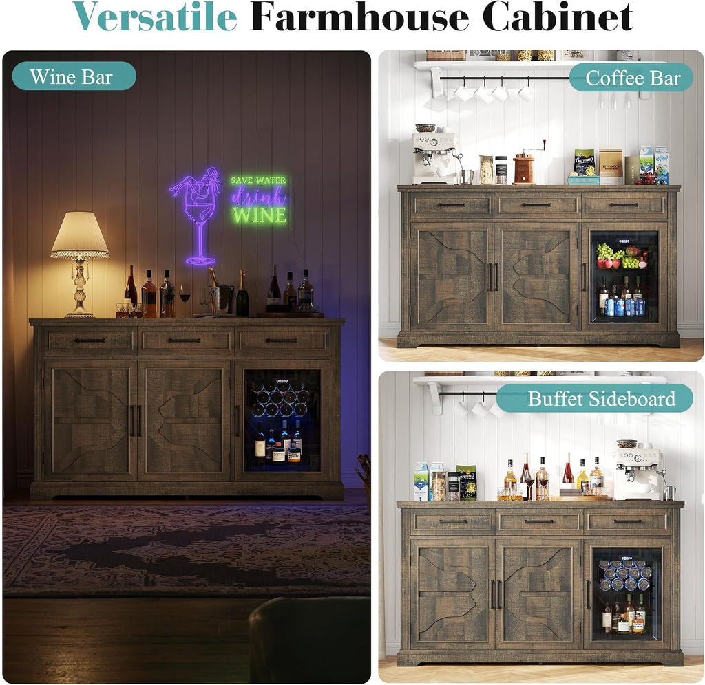 LUXOAK 60' Farmhouse Coffee Bar Cabinet with Mini Fridge Space, Wine Bar Cabinet with Drawers & Shelves, Buffet Sideboard Table for Home, Dining Room, Living Room, Brown