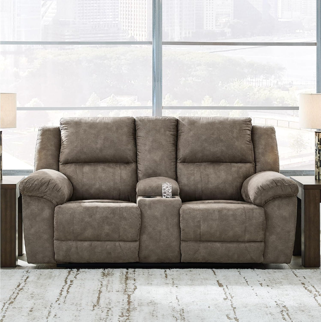 Signature Design by Ashley Laresview Contemporary Faux Leather Manual Double Reclining Loveseat with Console, Storage and Cup Holders, Gray