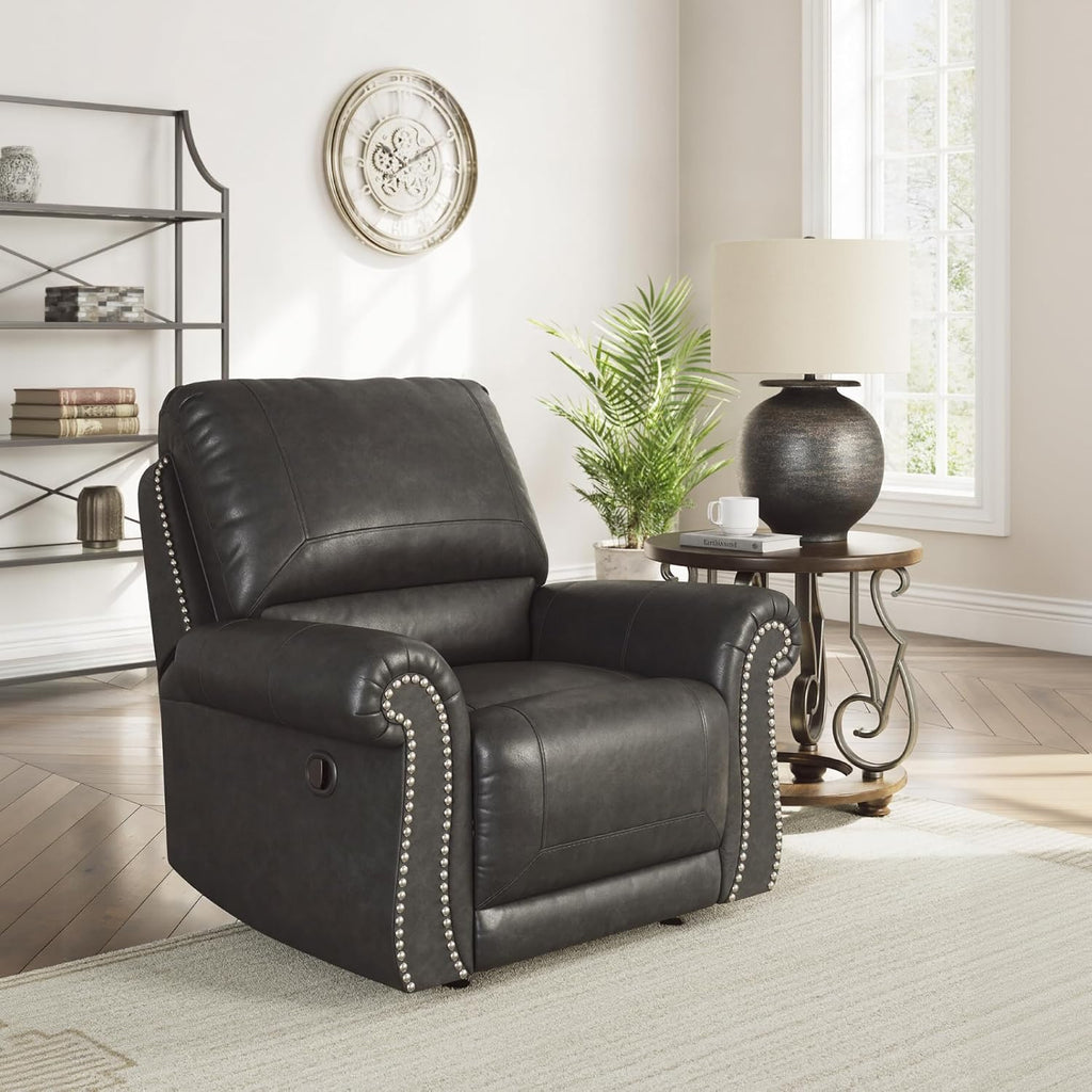 Signature Design by Ashley Shadsburne Classic Faux Leather Manual Rocker Swivel Glider Recliner with Nailhead Trim, Reinforced Frame and Metal Seat Box, 360-Degree Swivel, Black
