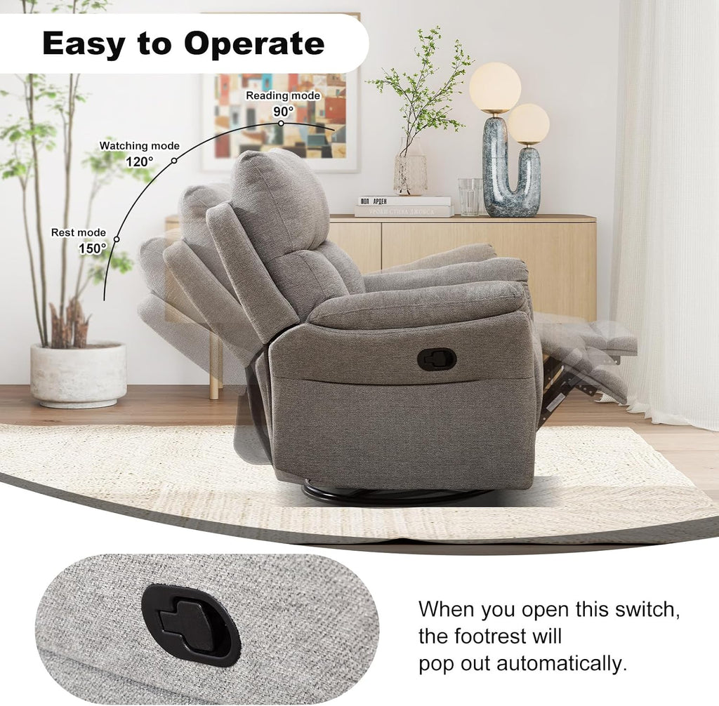 CANMOV Rocker Recliner, Manual Swivel Recliner with Overstuffed Cushion, Nursing Chairs for Living Room, Swivel Glider Recliners with Soft Backrest, Grey