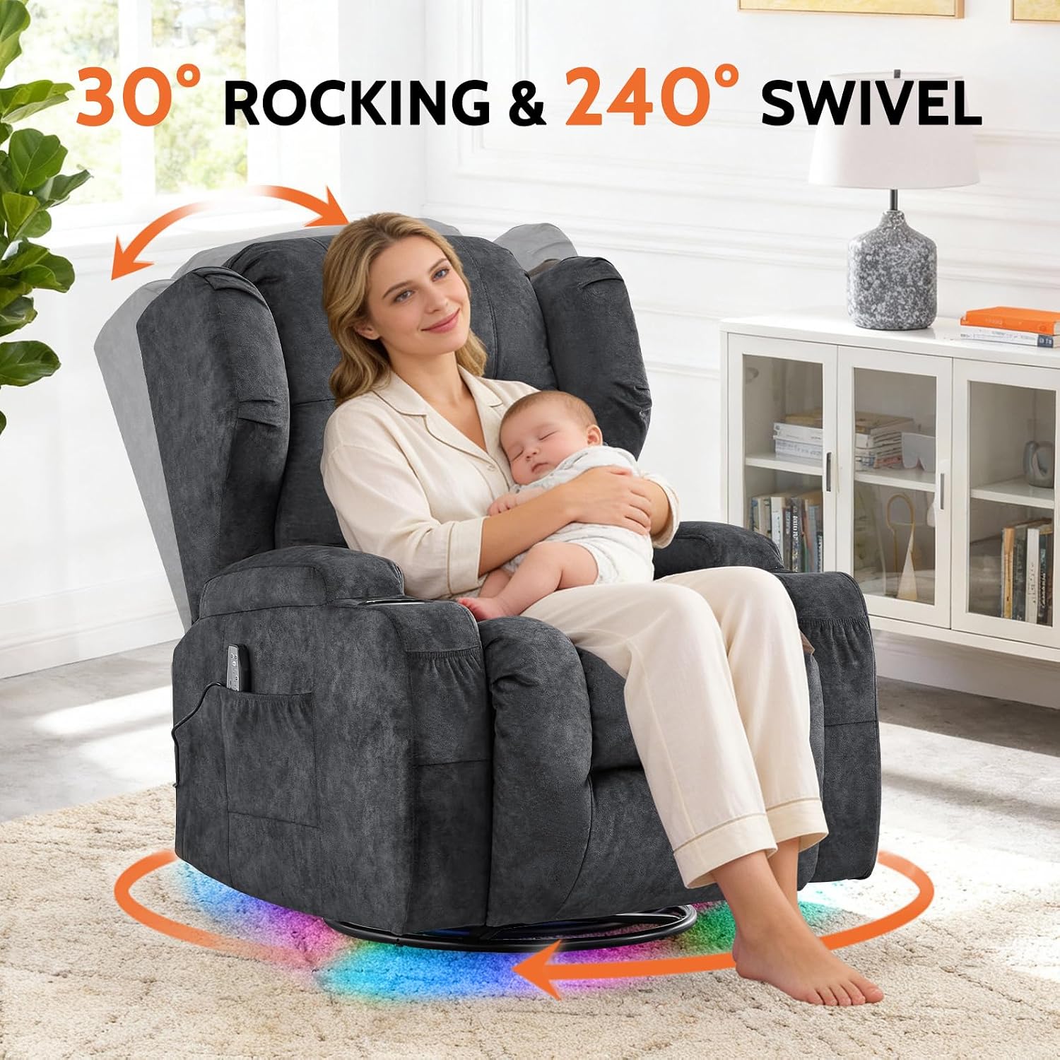 BINGTOO Dual Motor Power Swivel Rocker Recliner Chair with Massage & Heat, Electric Wall Hugger Glider Chair for Adults, Nursery with LED Lights, USB-C Ports & Cup Holders, Velvet Gray, 2 Chair