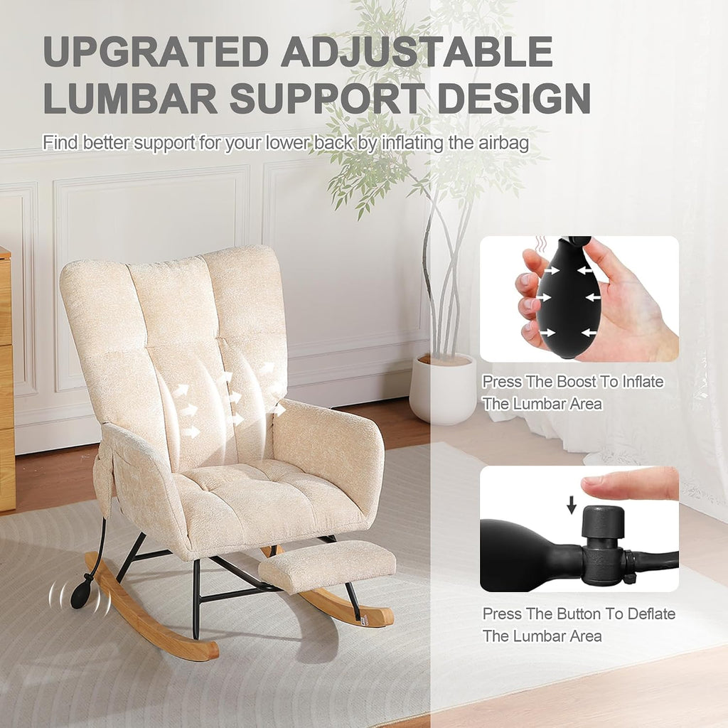 Rocking Chair Nursery with Airbag, Comfy Modern Nursery Rocking Reading Chair Indoor with Footrest, Cozy Upholstered Glider Rocker Chairs for Living Room Bedroom Offices(Chenille, Beige)