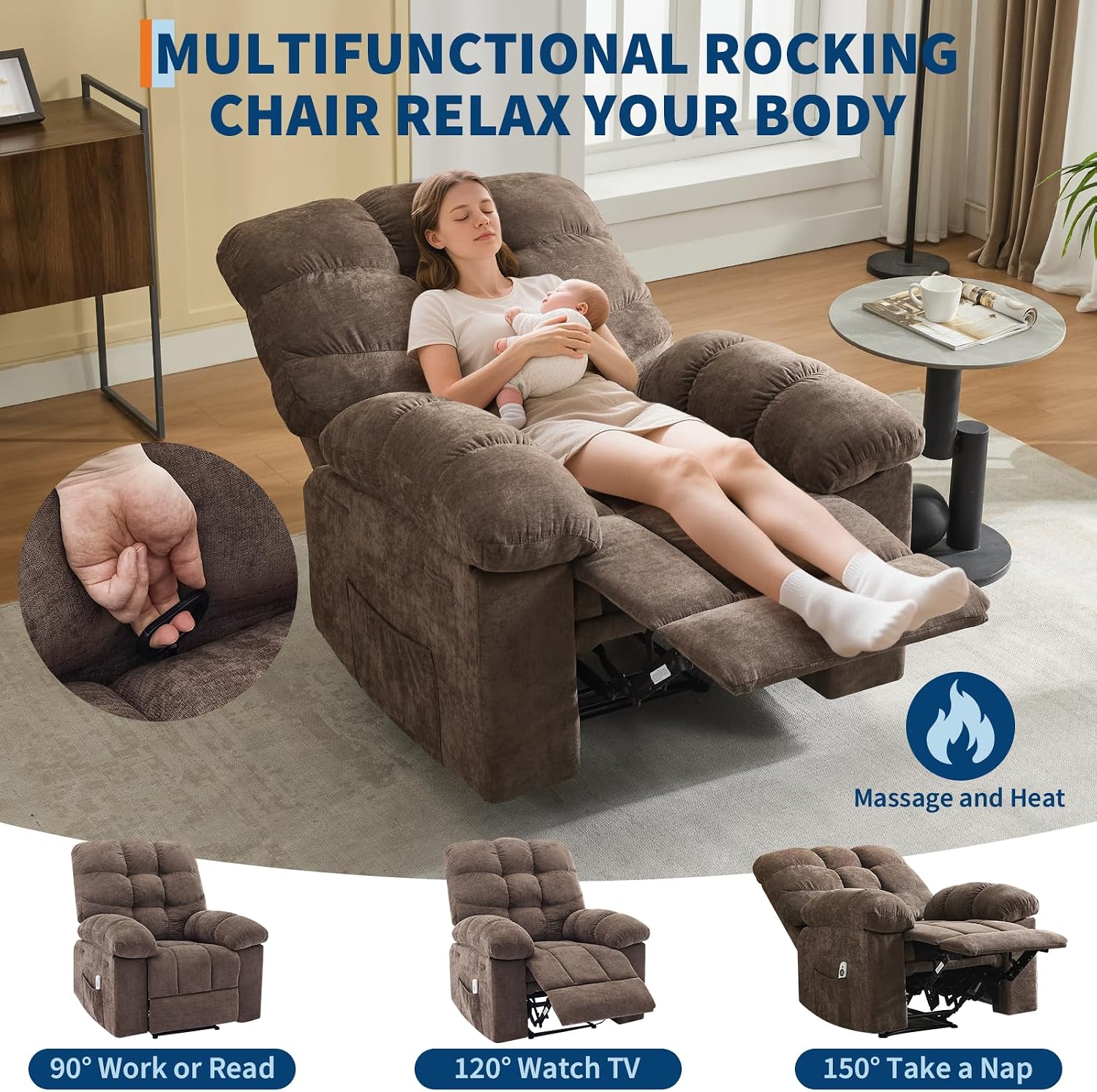 21.4in Wide Rocking Recliner Chair,Massage & Heat Recliner Chair for Adults,Home Theater Seating with Lumbar Support,Nursery Rocking Chairs for Living Room