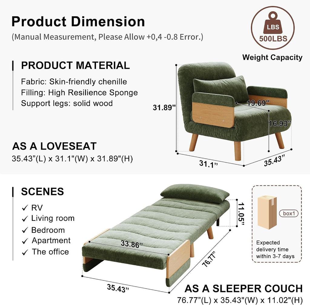 Convertible Lounger Fold-Out Sofa Bed, 3-in-1 Sleeper Sofa，Adjustable Backrest, Modern-Style Sofa for Small Spaces, Bedrooms & Offices(Green,35.43)