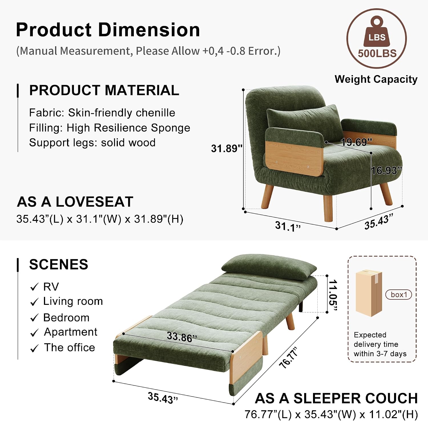 Convertible Lounger Fold-Out Sofa Bed, 3-in-1 Sleeper Sofa，Adjustable Backrest, Modern-Style Sofa for Small Spaces, Bedrooms & Offices(Green,35.43)