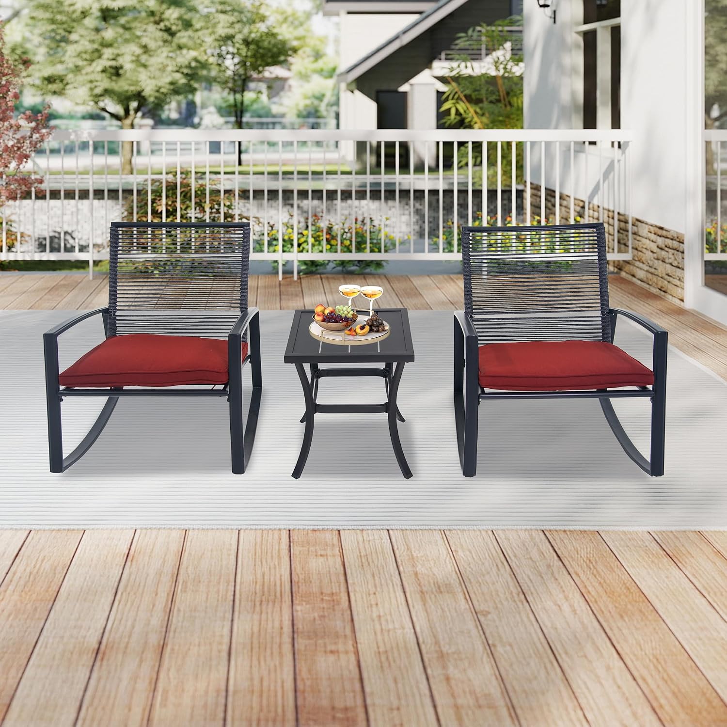 Domi Outdoor 3-Piece Wicker Rocking Chair Set, Patio Conversation Set with Removable Textilene Cushions & Metal Coffee Table, All-Weather Outside Chair Set of 3 for Balcony, Backyard, Pool, Red