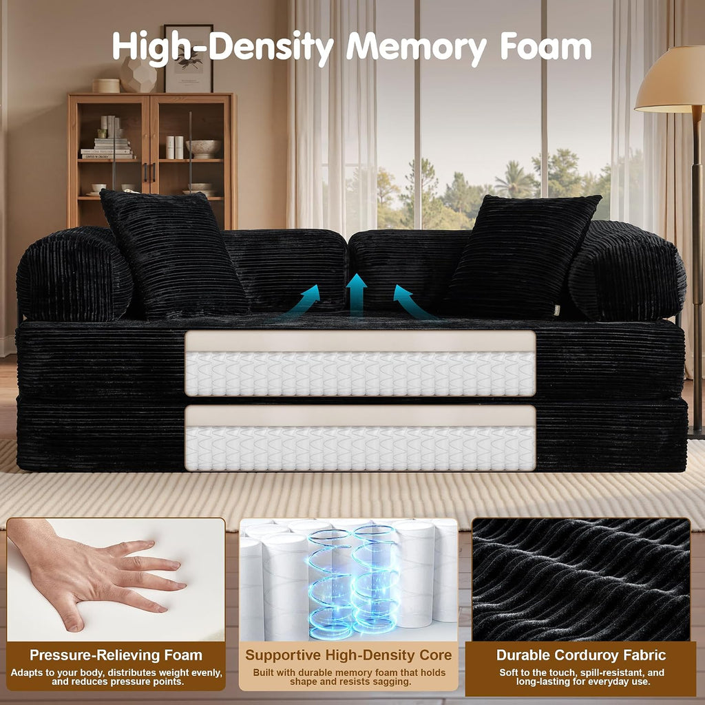 81″ Convertible Sleeper Sofa Bed with Pillows, Corduroy Foldable Mattress Couch with Fixed-Shape Frame, Futon Sofa Bed, Boneless Couch for Living Room Bedroom Lounge Studio, Black