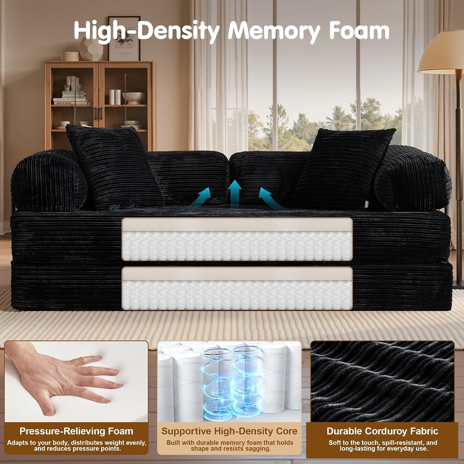 81″ Convertible Sleeper Sofa Bed with Pillows, Corduroy Foldable Mattress Couch with Fixed-Shape Frame, Futon Sofa Bed, Boneless Couch for Living Room Bedroom Lounge Studio, Black