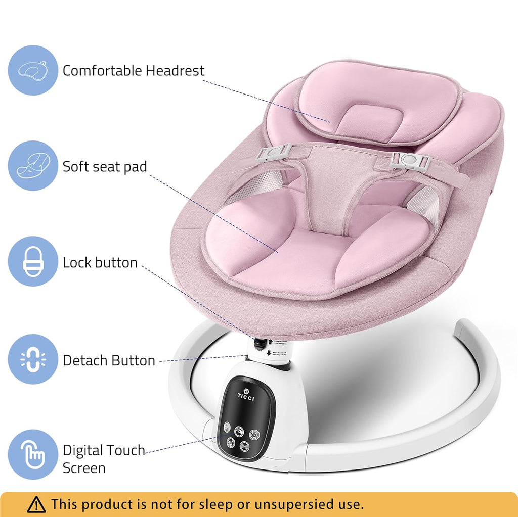 T TICCI Baby Swings for Infants, Smart Portable Baby Swing for Newborn, Bluetooth Infant Swing with Music Speaker, Remote Control Indoor Rocker with 5 Sway Speeds, 0-6 Months, Pink