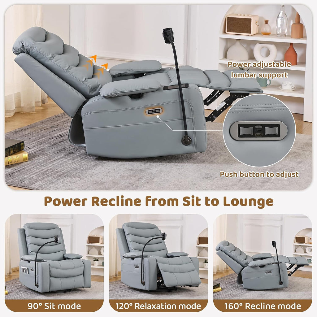 Olela Nursery Glider Recliner Chair - Electric Swivel Rocker with Heated Lumbar, Smart Cup Holder, USB Charging Ports, Blue Grey PU Leather