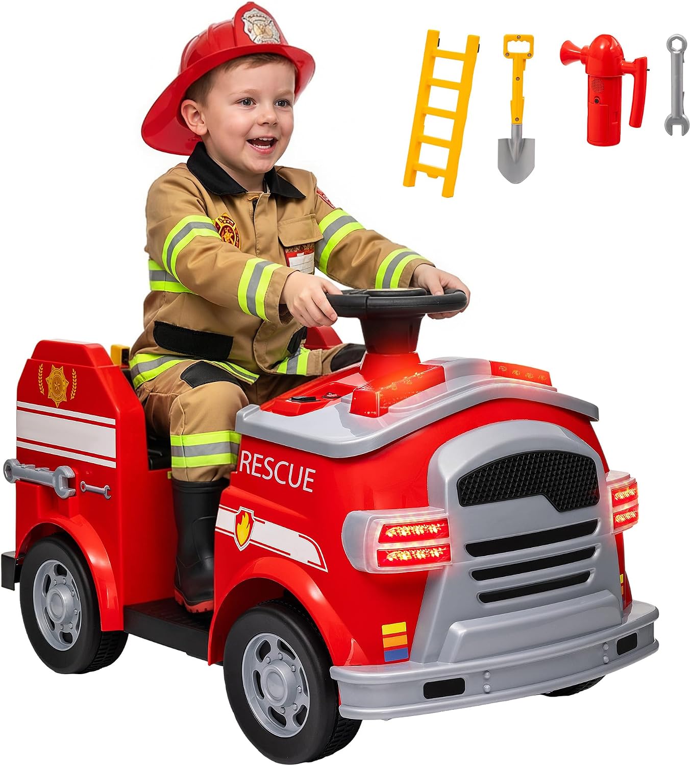 Qaba 12V Ride on Fire Truck, Battery Powered Electric Car for Kids with Siren, Flashing Lights, Fire Extinguisher, Shovel, Wrench, Ladder, Soft Start, Horn Music and, Red